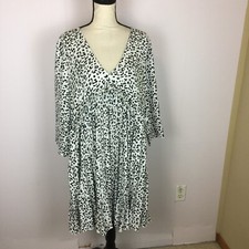 ASOS Shift Dress Sz 14 Womans White Black Animal Print V-Neck Ruffle Long Sleeve