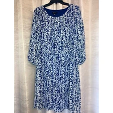 AB Studio Dress Floral Print Long Sleeve Casual Blue White XL