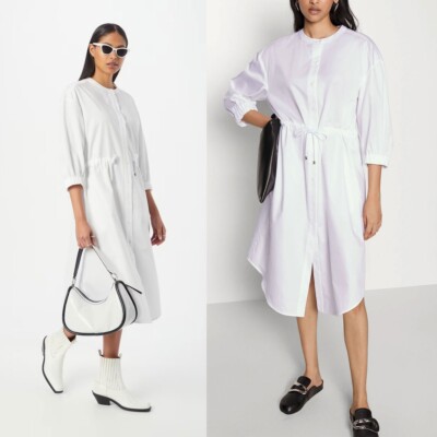 Max Mara Sheree Cotton Midi Dress ¾ Sleeve Drawstring Pockets White Size 6