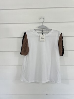 New ZARA White Macrame T-Shirt Short Contrasting Sleeves Crew Neck SMALL WOMEN