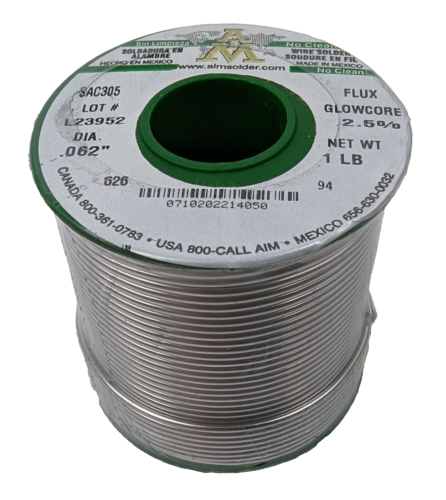 1lb SAC305 AIM Wire Solder .062" 1.6mm Dia No Clean 2.5%Glow Core Flux 14050 NEW