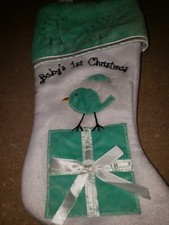 Baby's 1st Christmas Stocking green White Birds New 12" tall new no tag