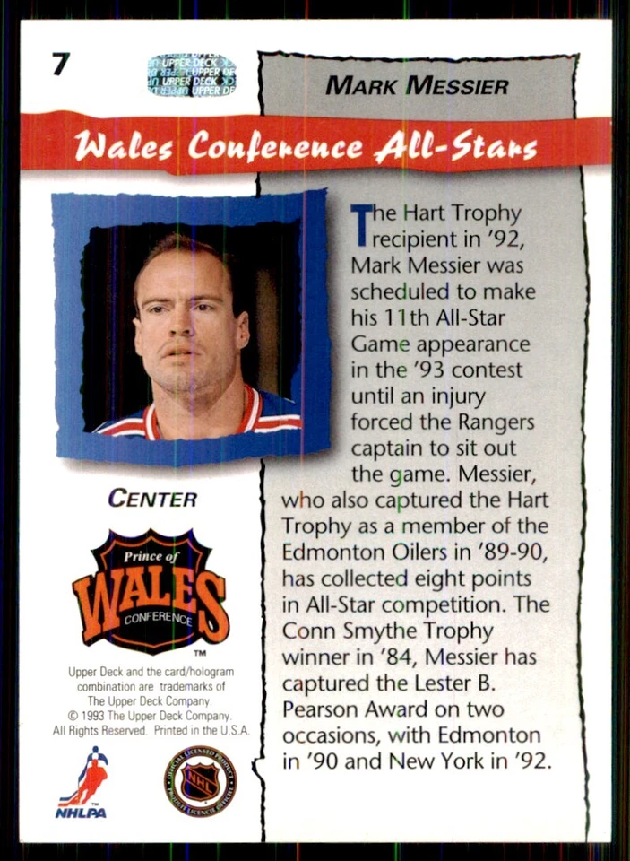 1992-93 Upper Deck - All-Stars Mark Messier New York Rangers #7 - Image 2 of 2