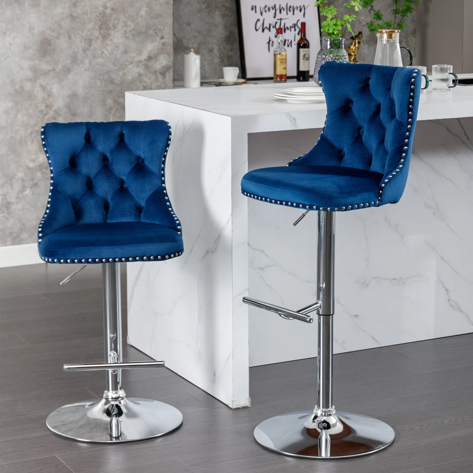 2Set 25-33 In Swivel Adjustable Bar Stools Velvet Counter Height Bar Chairs Blue - Image 2 of 4