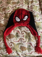 Spiderman Knit Beanie Red Tassel Hat Marvel Black Embroidered Eyes