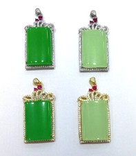 Genuine Green Jade Rectangle 18KGP Crystal Flower Pendant Necklace Women