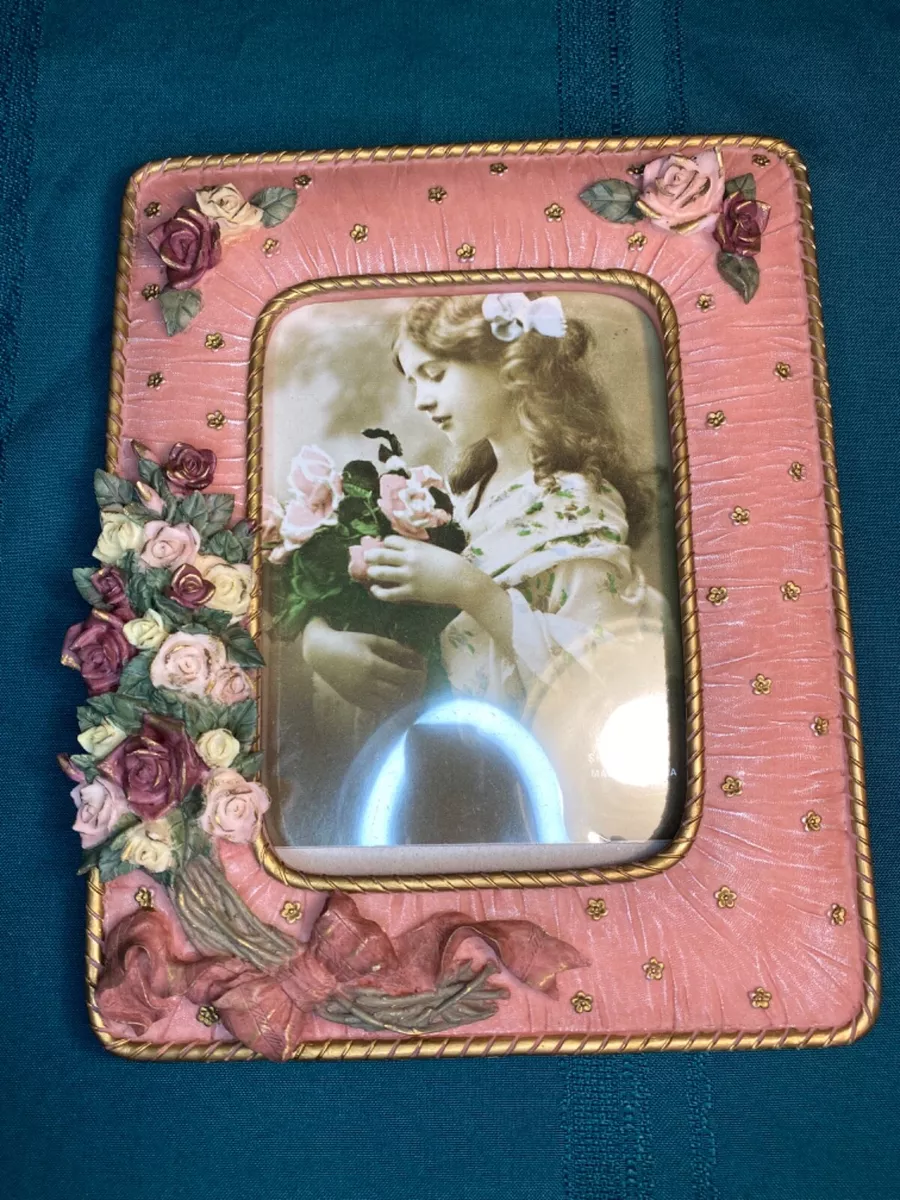 Beautiful Vintage 1960 Ceramic Framed Picture In Pink And Gold