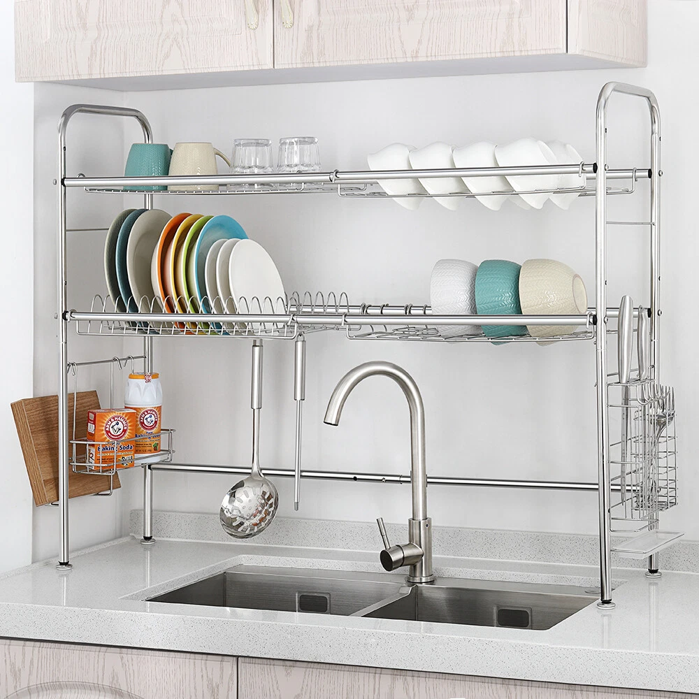 Over Sink Dish Drying Rack 2-Tier Stainless Steel Cutlery Drainer Kitchen  Shelf