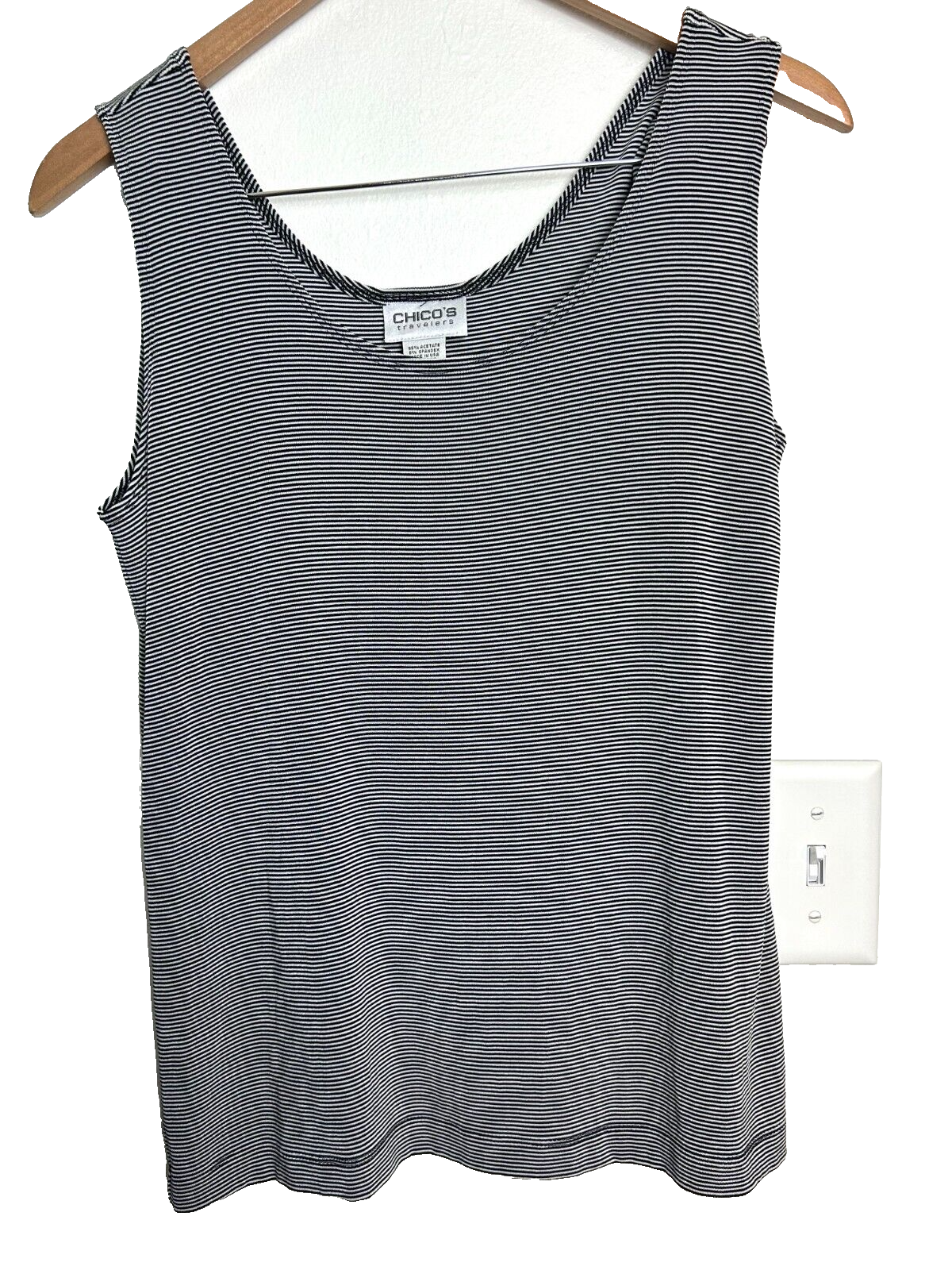 Chicos Travelers Tank Top Women's 2 Black White Striped Round Neck