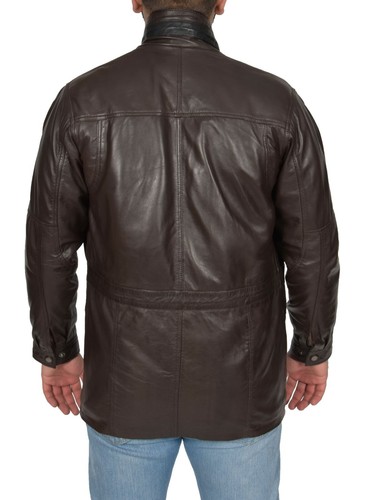 Mens Parka Real Leather Jacket Brown Overcoat With Black Trim Classic Car Coat - Picture 2 of 9