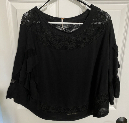 Free People Small Black Love Affair Top Blouse Lace Inset Bell Sleeve Knit NWOT - Picture 10 of 10