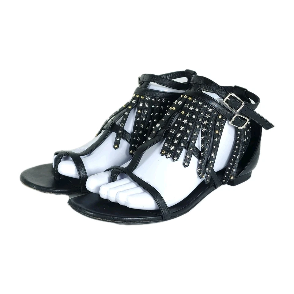 Saint Laurent Women's US8,5 EU39 Black Leather Studded Fringe Gladiator Sandals - Image 2 of 4