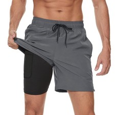 Mens Swim Trunks with Compression Liner 2 in 1 Beach Swimming Trunks Quick Dr...