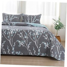 Queen Quilt Bedding Set 96x90 Inch , 3 Pieces Queen 96 90 in Grey Blue