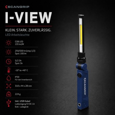 SCANGRIP LED Arbeitsleuchte COB Akku Handleuchte 500 lm Spotlicht Slim IP30 Werk