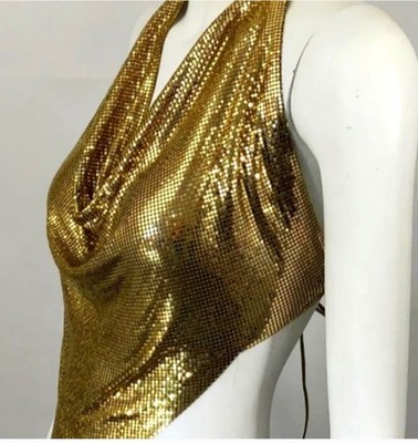 Whiting & Davis Vintage 80 s Gold chain mail metal mesh Halter Top with box