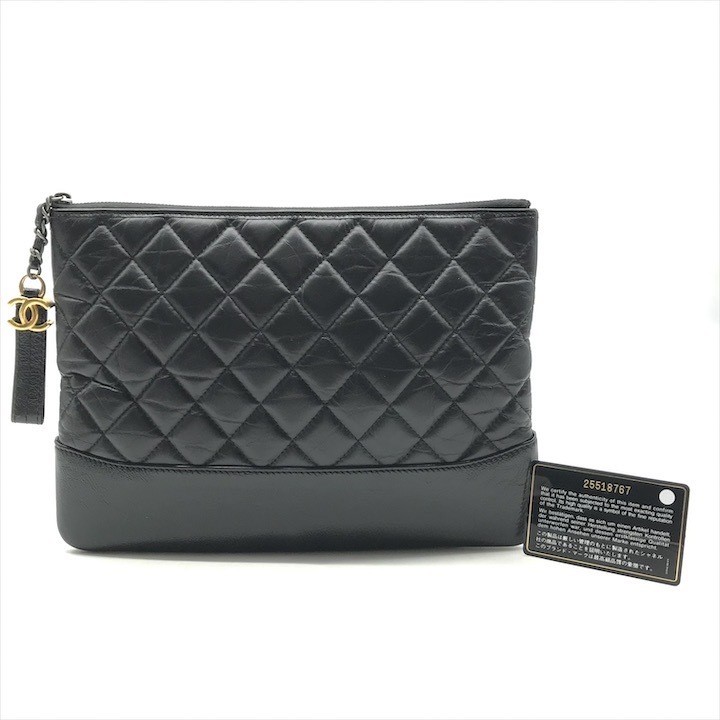 CHANEL Matelasse Gabriel Lambskin Black Hand Clutch Bag A6546