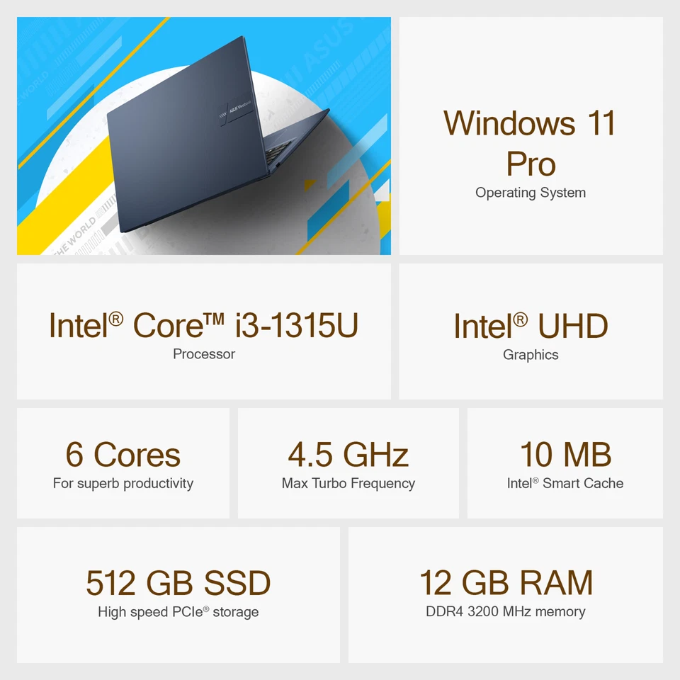 2025 ASUS Vivobook 14" FHD Laptop 13th Gen Intel i3 12GB RAM 512GB SSD Win 11Pro - Image 2 of 4