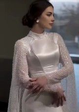 Luxury Muslim Wedding Dresses with shawl Sequins Beads High Neck Satin Mermaid