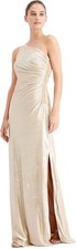 CALVIN KLEIN One-Shoulder Metallic Gown Buff/Silver Size 12 $199