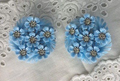 Cora Vintage 60s Thermoset Blue Flower Clip On Earrings Old Plastic Jewelry