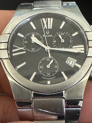 Bulova Men s Chronograph Watch 96G18 Black Dial Stainless Steel New Battery