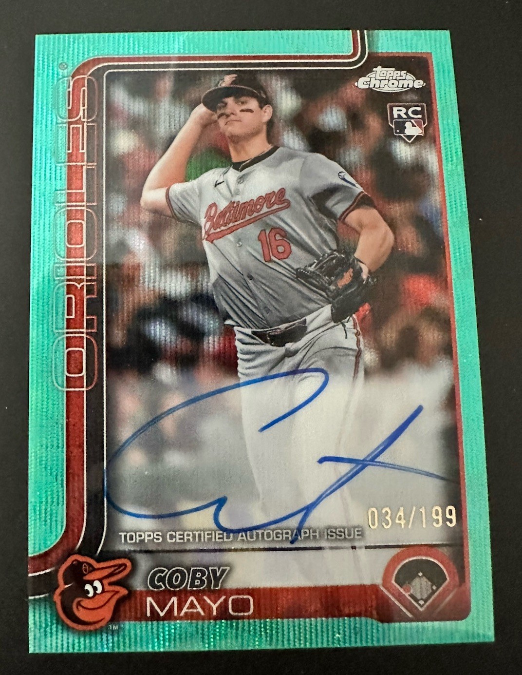 2025 Topps Chrome #RA-CMA Coby Mayo Rookie On-Card Aqua Wave Auto RC 034/199