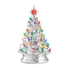 15" Pre-Lit Silver Ceramic Christmas Tree Hand-Painted Tabletop with Lights