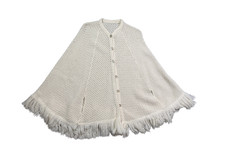 Vintage Crochet Poncho Cape Fringe Ivory Boho Knit Button Front Festival Boho