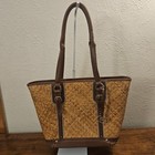 Etienne Aigner Woven Rattan Straw Tote Shoulder Bag Leather Accents Logo Charm