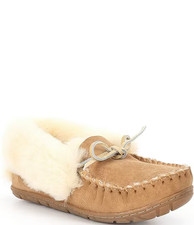 LL Bean Wicked Good Women 7 M Tan Suede Sheepskin Lined Moccasin Slippers NEW