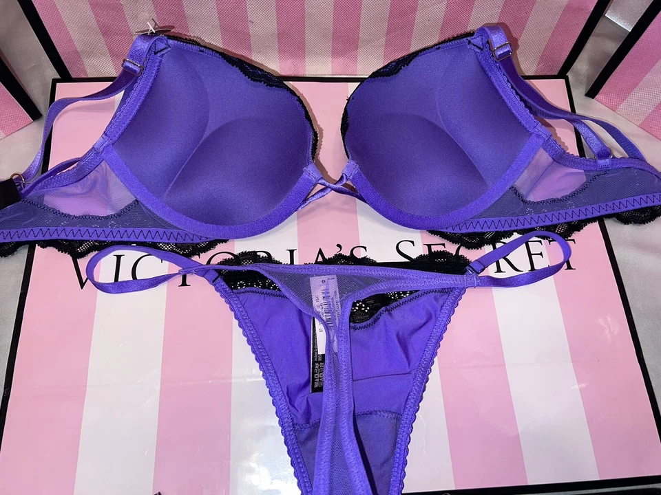 Бюстгальтер-бомба Victorias Secret атласный и кружевной средний стринги фиолетовый 32D - Изображение 2 из 4