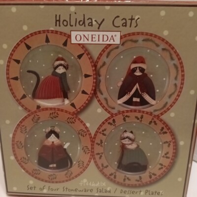 ONEIDA Fiddlestix Holiday Cats Set Of 4 Stoneware Salad And Dessert Plates