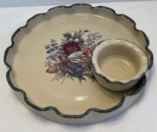 2001 Home And Garden Party Floral Ruffled Round Chip Veggie Tray With Dipper 