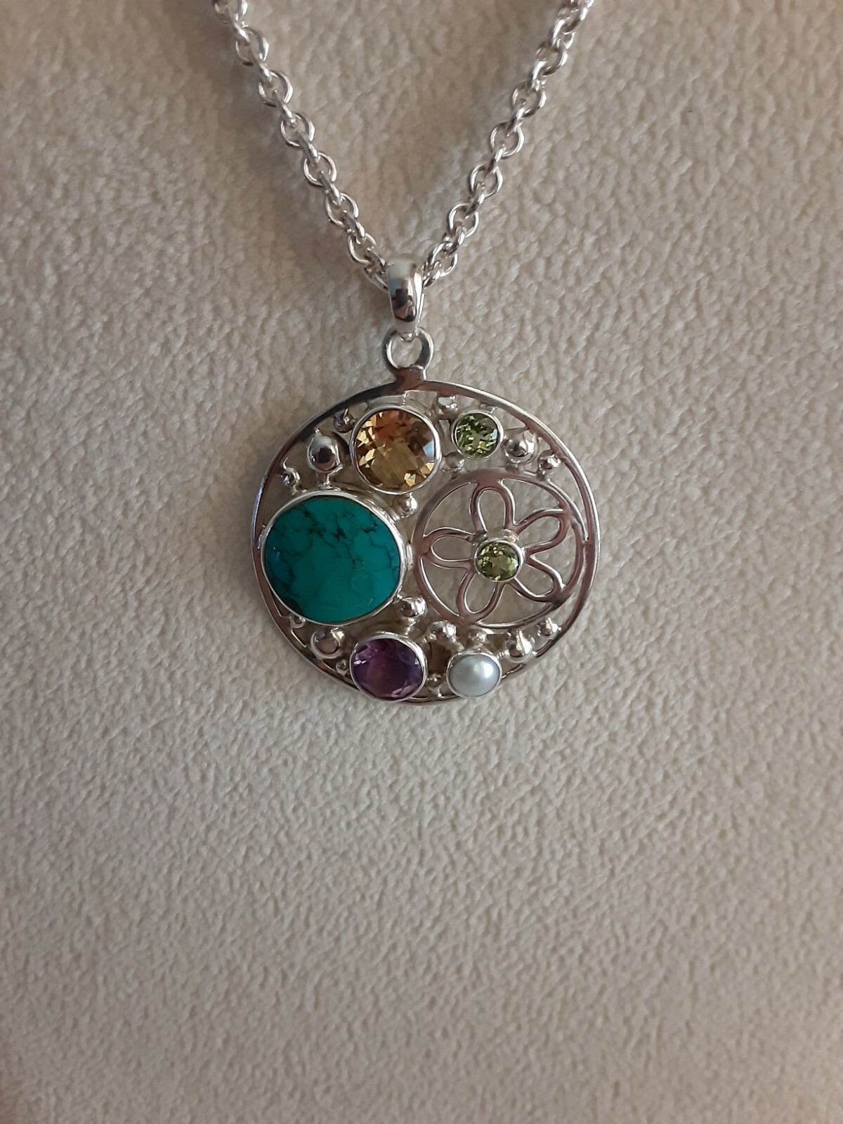 Sterling Silver Multi-gemstone Pendant/ Chain, 17… - image 3