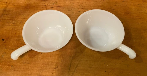 2 Vintage Anchor Hocking Fire King Milk Glass Soup/Chili Bowls with Handles