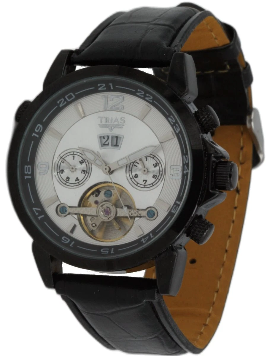 Montre Trias Automatique Vintage Pour Homme - Cadran Blanc 24h, Boîtier Argenté, Bracelet Cuir Noir