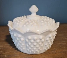 Fenton Hobnail White Milk Glass Covered Candy/Trinket Dish  4.5"H X 5"W