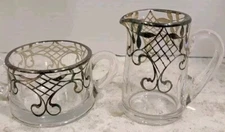 Creamer & Open Sugar Bowl Clear Glass with Silver Overlay, Vintage