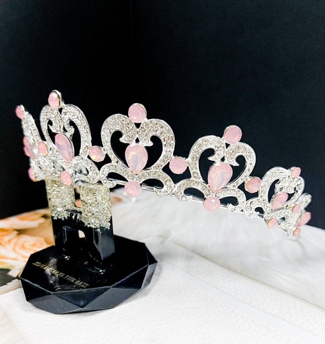 Pink Rhinestone Tiara. Silver tiara, Heart tiara, Flower girl crown, X-mas Gifts - Picture 6 of 9