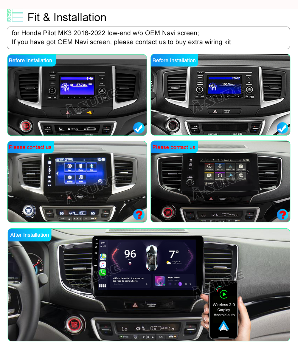 For 20162022 Honda Pilot Apple Carplay Radio Android 13.0 GPS Navi