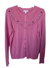 New Charter Club Women Embroidered Button Cardigan Scalloped Pink Small Cotton