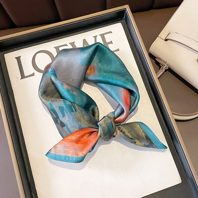 100% Silk Scarf Women Vintage Small Bandana Oil Painting Kerchief Turban 53cm
