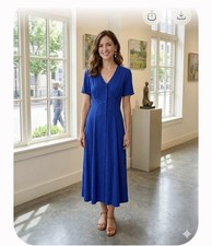 NWT VTG 90 Carole Little Royal Blue V-Neck Midi Dress Button Front S read