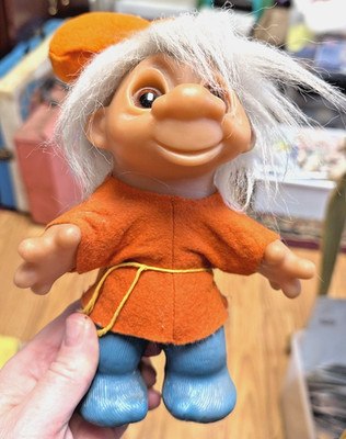 OLD VINTAGE 1980 DAM TROLL DOLL BLUE BOOTS ORANGE TOP & HAT AMBER EYES