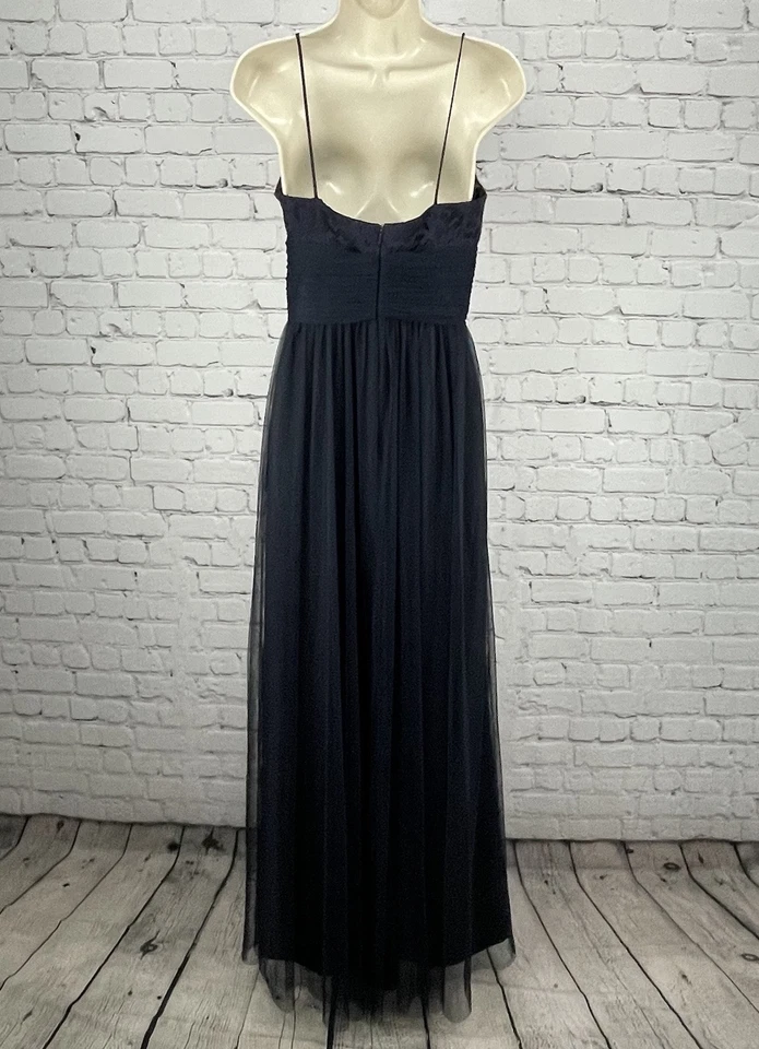 Maxi Vestido Amsale Azul Encaje Cintura Imperio Superposición Transparente Acampanado Cremallera Talla 2 Foto 2 de 4