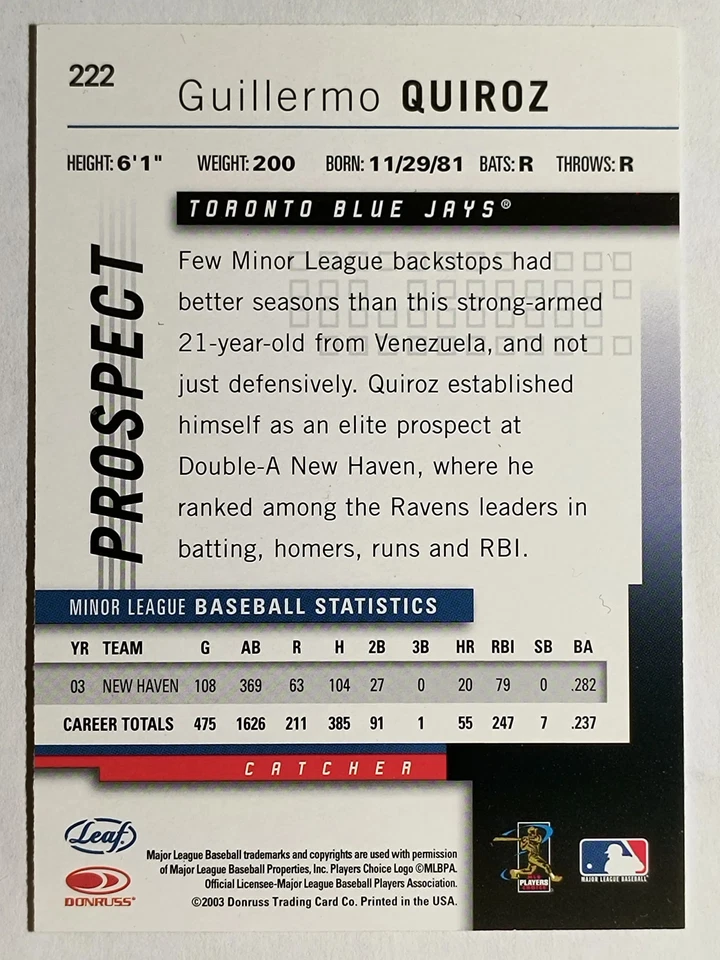 2004 Leaf #222 Guillermo Quiroz PROS - Image 2 of 2