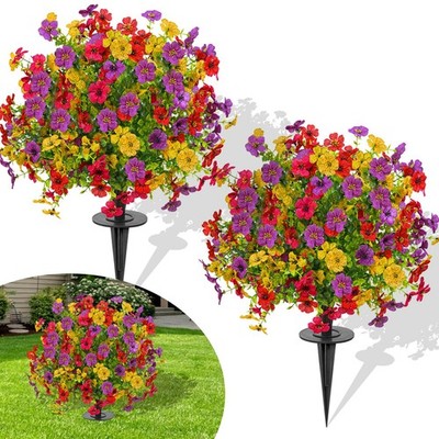 23'' Set of 2 Artificial Boxwood Topiary with Violet Flowers with Spikes, UV R...