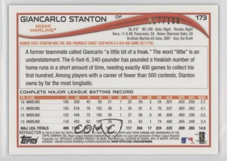 2014 Topps Chrome Black Refractor /100 Giancarlo Stanton #173 - Image 2 of 2