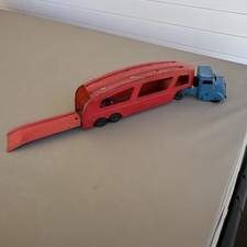 Vintage Tin Toy Car Carrier Truck, Trailer and Loading Ramp, Red Blue